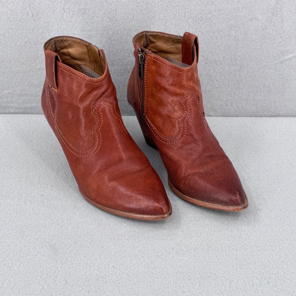 Frye Leather Reina Ankle Boots Womens 7.5 Brown Cognac Western Pointed Toe Boho